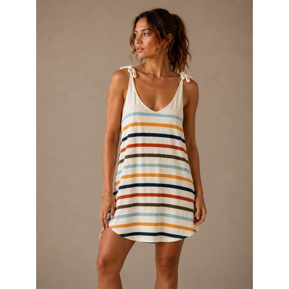 Faherty Women Dress S Cream Striped Tie-Shoulder Cotton Slub Tank Mini Pocket